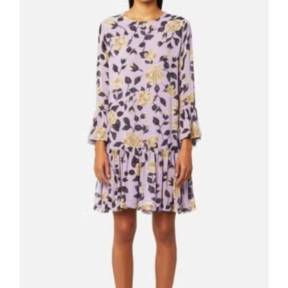 Ganni Lavender Floral Midi Dress with Yellow Rose Print